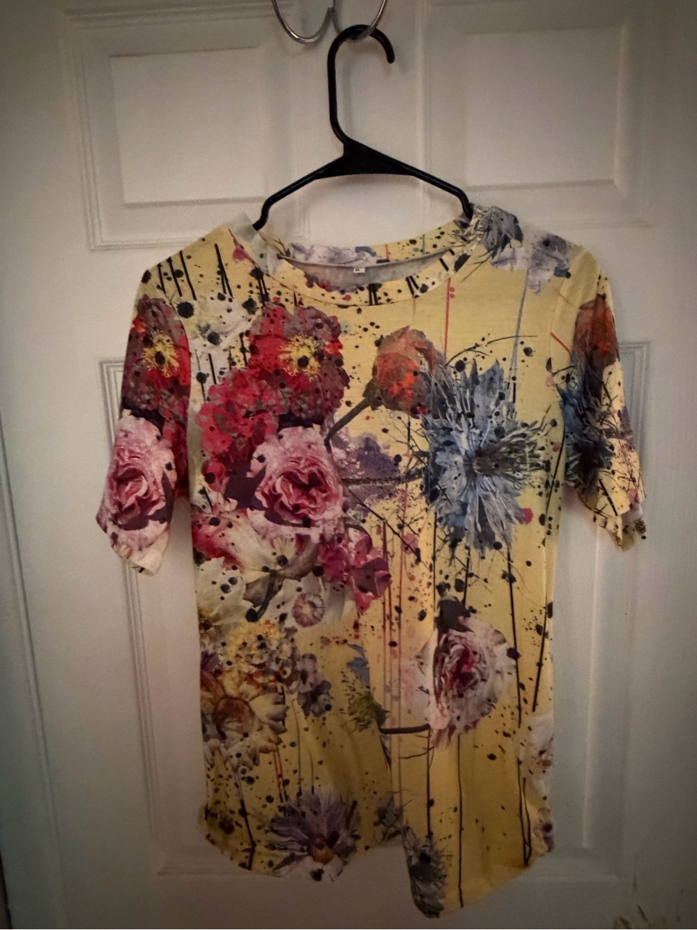 Floral Art Print Top Yellow Multicolor Short Sleeve